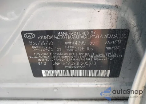 2011 Hyundai Sonata Gls z USA, uszkodzony, nr VIN 5NPEB4AC9BH205578